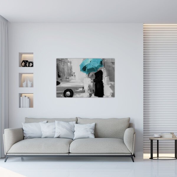 Tablou - Cuplu în dragoste cu umbrelă, albastru (90x60 cm)