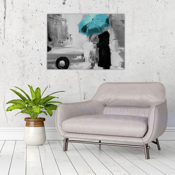 Tablou - Cuplu în dragoste cu umbrelă, albastru (70x50 cm)