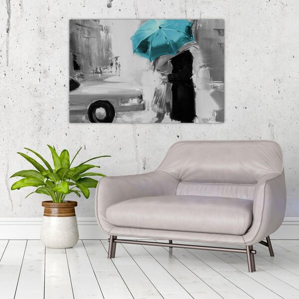 Tablou - Cuplu în dragoste cu umbrelă, albastru (90x60 cm)