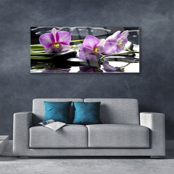Tablou pe sticla Pietrele florale flori roz negru