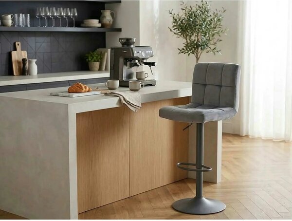 Scaun bar C105, gri/negru, stofa catifelata/metal, 42x39x96/117 cm