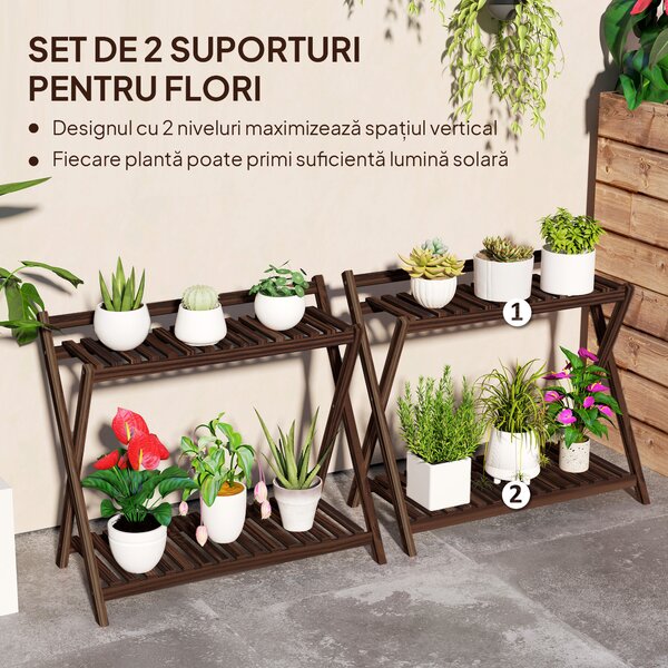 Outsunny Set de 2 Suporturi pentru Plante cu 2 Niveluri, 73x36x64 cm, Maro | Aosom Romania
