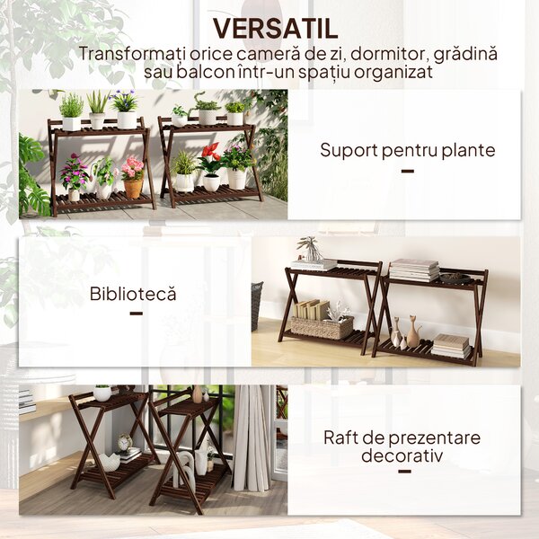 Outsunny Set de 2 Suporturi pentru Plante cu 2 Niveluri, 73x36x64 cm, Maro | Aosom Romania