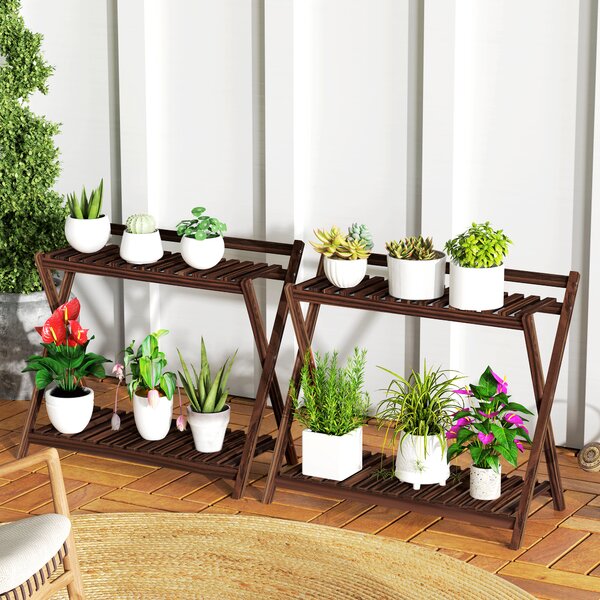 Outsunny Set de 2 Suporturi pentru Plante cu 2 Niveluri, 73x36x64 cm, Maro | Aosom Romania