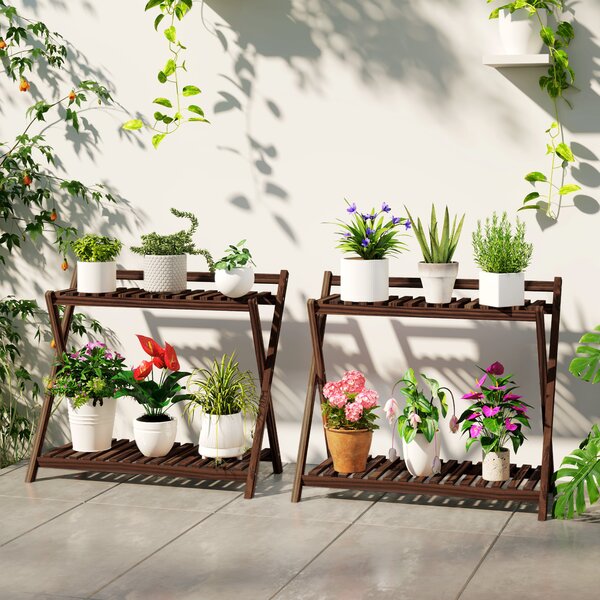 Outsunny Set de 2 Suporturi pentru Plante cu 2 Niveluri, 73x36x64 cm, Maro | Aosom Romania