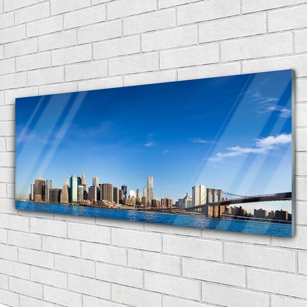 Tablou pe sticla Bridge City Case Gri Albastru Negru