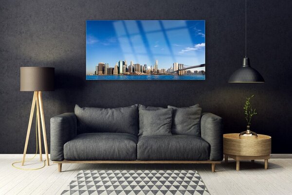 Tablou pe sticla Bridge City Case Gri Albastru Negru