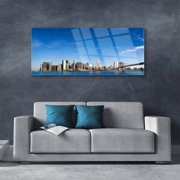 Tablou pe sticla Bridge City Case Gri Albastru Negru