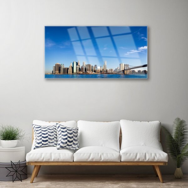 Tablou pe sticla Bridge City Case Gri Albastru Negru