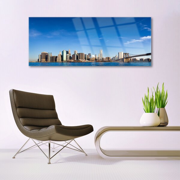 Tablou pe sticla Bridge City Case Gri Albastru Negru