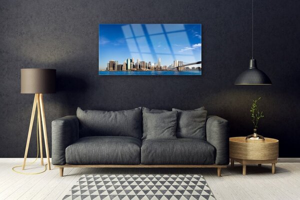 Tablou pe sticla Bridge City Case Gri Albastru Negru