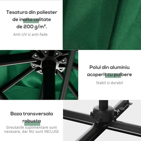 Outsunny Umbrelă de Grădină cu Manivelă, Rotire la 360°, Orificii de Ventilație și Parasolar Reglabil, 2.5x2.5 m, Verde | Aosom Romania