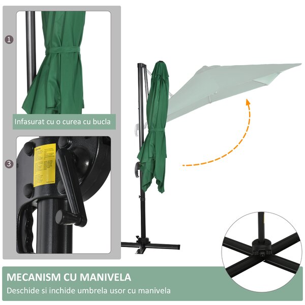 Outsunny Umbrelă de Grădină cu Manivelă, Rotire la 360°, Orificii de Ventilație și Parasolar Reglabil, 2.5x2.5 m, Verde | Aosom Romania