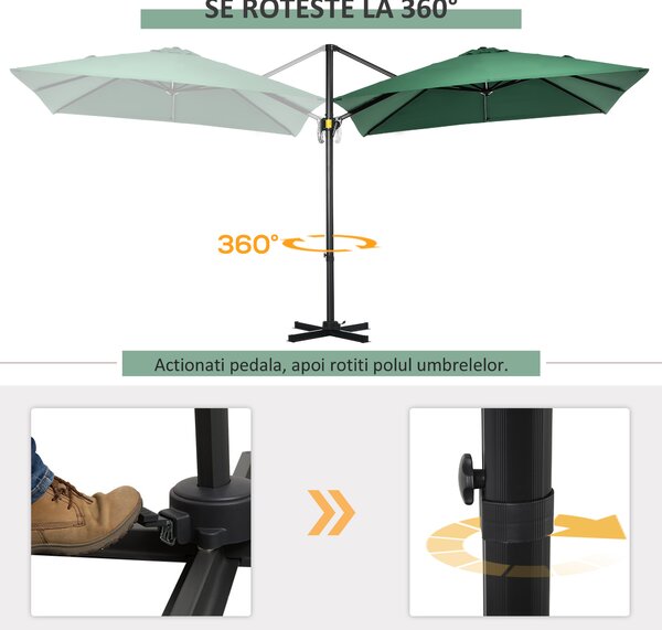 Outsunny Umbrelă de Grădină cu Manivelă, Rotire la 360°, Orificii de Ventilație și Parasolar Reglabil, 2.5x2.5 m, Verde | Aosom Romania