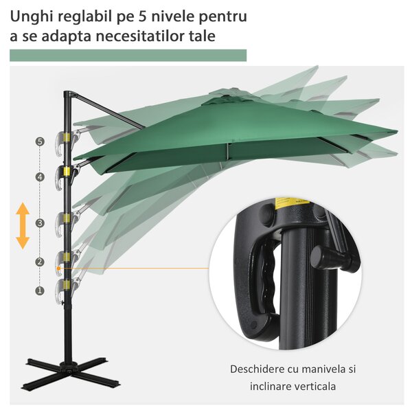 Outsunny Umbrelă de Grădină cu Manivelă, Rotire la 360°, Orificii de Ventilație și Parasolar Reglabil, 2.5x2.5 m, Verde | Aosom Romania