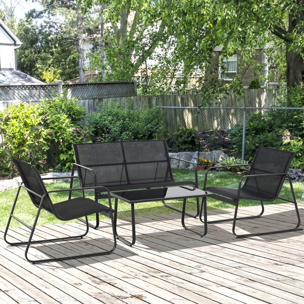 Outsunny Set Masă Bancă si 2 Scaune de Gradina, Mobilier de Exterior din Metal si Textilen, Neagra | Aosom Romania