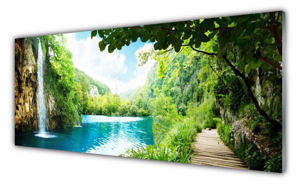 Panou sticla bucatarie Cascada Lacul Copaci Natura Alb Albastru Maro Verde