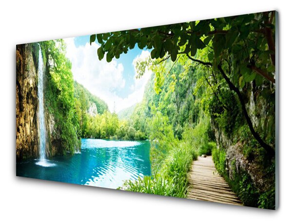 Panou sticla bucatarie Cascada Lacul Copaci Natura Alb Albastru Maro Verde