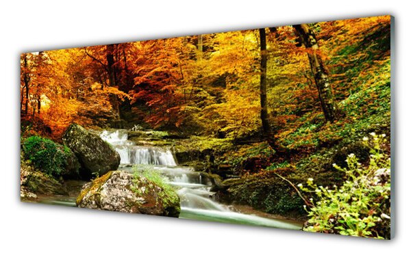 Panou sticla bucatarie Cascada Pădure Natura Alb Verde Galben Gri