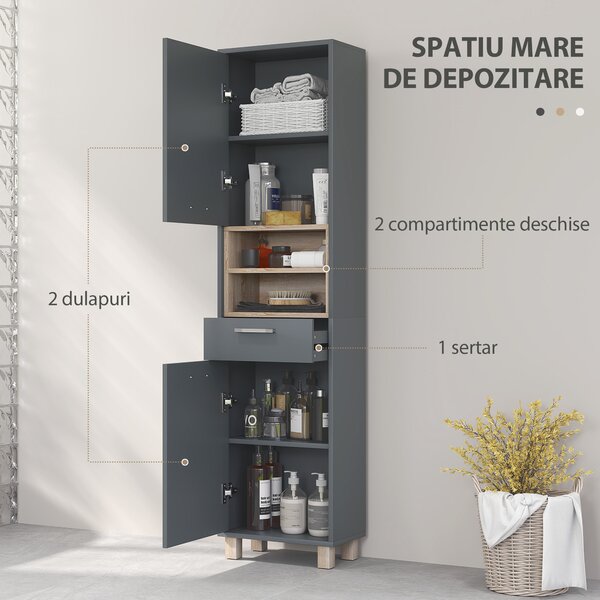 HOMCOM Coloană de Baie cu Sertar, Dulapuri și 2 Rafturi Deschise, Mobilier cu Spațiu de Depozitare, 40x24x160 cm, Gri | Aosom Romania
