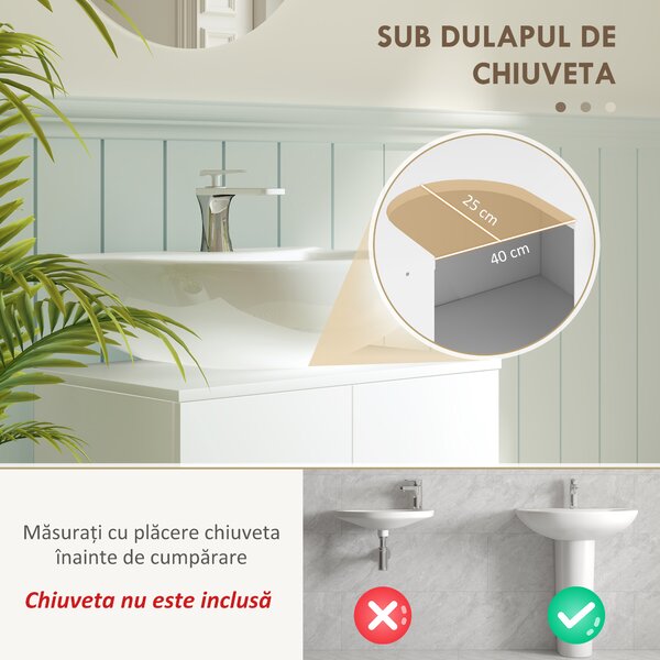 HOMCOM Dulap Baie Sub Chiuvetă, cu 2 Uși, Raft Central, Mâner și Picioare Antiderapante, 60x35x60 cm, Alb Lucios | Aosom Romania