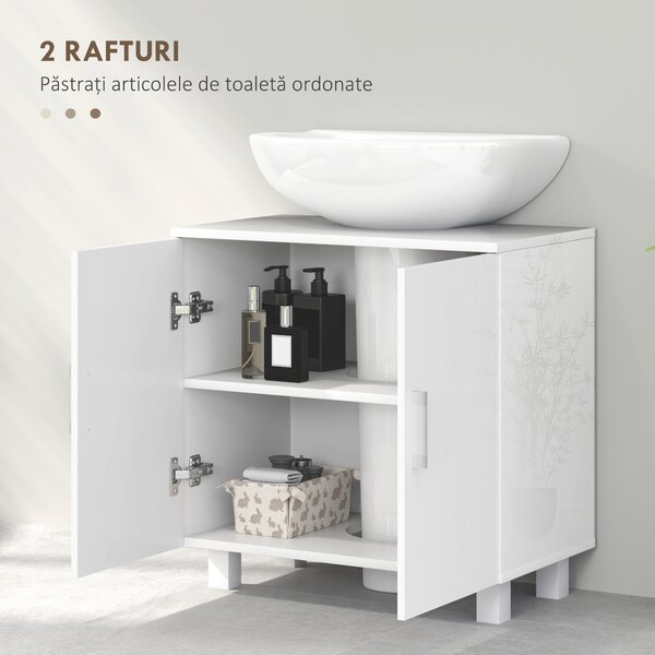HOMCOM Dulap Baie Sub Chiuvetă, cu 2 Uși, Raft Central, Mâner și Picioare Antiderapante, 60x35x60 cm, Alb Lucios | Aosom Romania