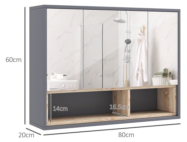 HOMCOM Oglindă de Baie cu 3 Uși și Dulap, Oglindă de Baie cu Compartiment de Depozitare, 80x20x60 cm, Gri | Aosom Romania