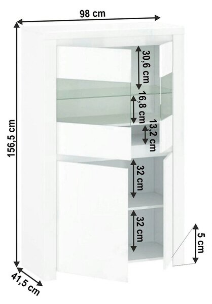 Vitrina LINGO, alb, PAL laminat, sticla, cu iluminare LED, 98x42x157 c
