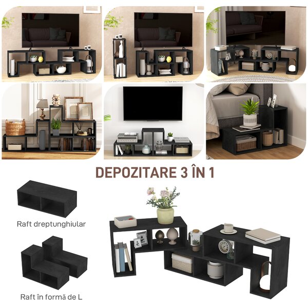 HOMCOM Mobilier TV 75" cu 2 Rafturi în Formă de L și Raft Dreptunghiular, 134-180x30,5x44 cm, Negru | Aosom Romania