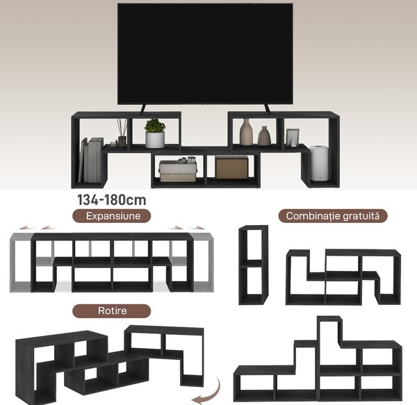 HOMCOM Mobilier TV 75" cu 2 Rafturi în Formă de L și Raft Dreptunghiular, 134-180x30,5x44 cm, Negru | Aosom Romania