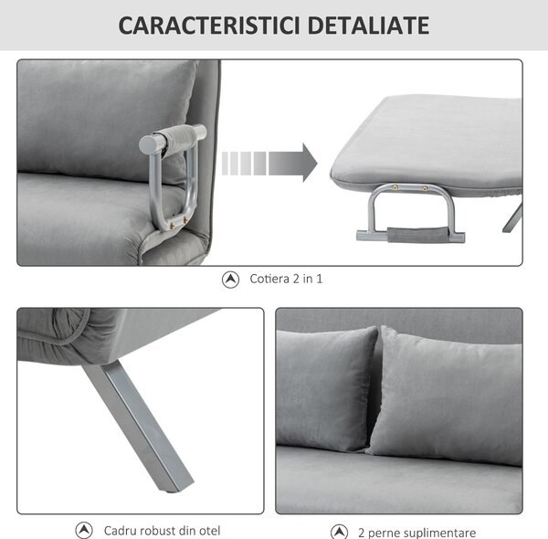 HOMCOM Canapea Pat de 2 Locuri cu Spătar Reglabil pe 5 Nivele, Canapea Pat Pliabilă cu 2 Perne, 105x80x78 cm, Gri Deschis | Aosom Romania