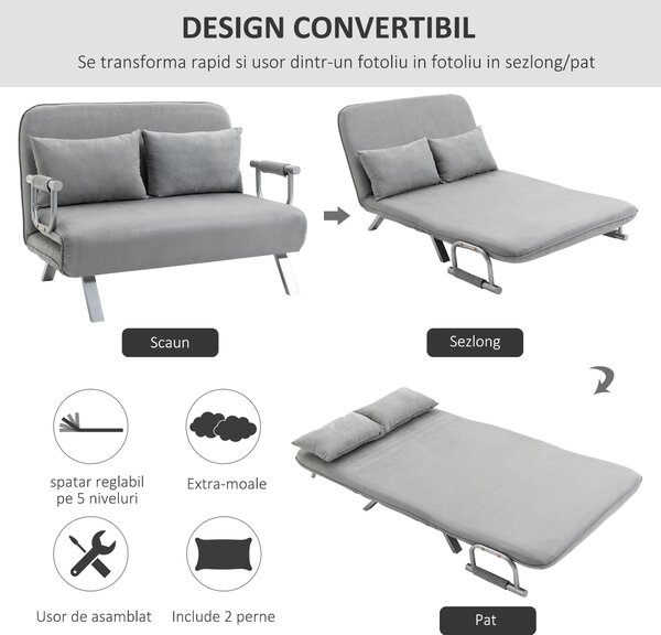 HOMCOM Canapea Pat de 2 Locuri cu Spătar Reglabil pe 5 Nivele, Canapea Pat Pliabilă cu 2 Perne, 105x80x78 cm, Gri Deschis | Aosom Romania