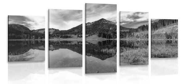 Tablou 5-piese lacul sub dealuri în design alb-negru