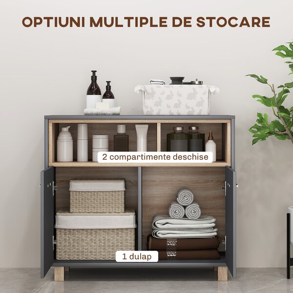 HOMCOM Dulap Baie cu Rafturi Deschise și Dulăpior cu 2 Uși, Dulap de Baie Spațios cu Mânere, 80x35x70 cm, Gri | Aosom Romania