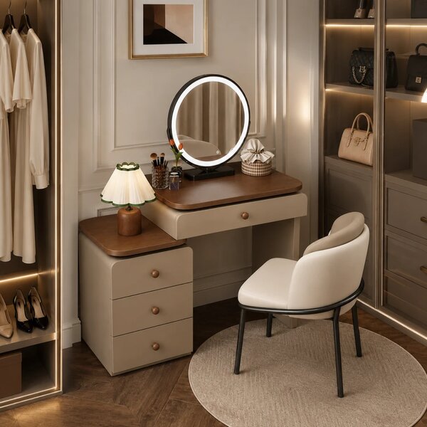 Set VERONA – Masă de toaletă pentru machiaj, oglindă iluminată LED, control touch, trei tipuri culoare, scaun, 80 cm