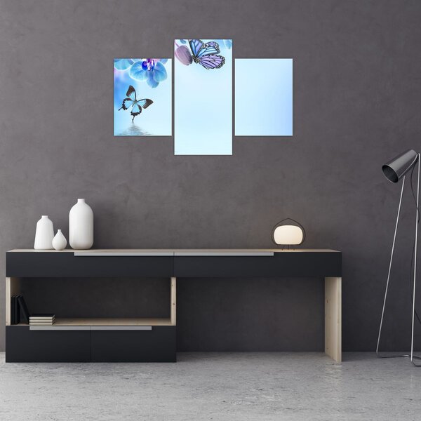 Tablou - Fluture pe flori de orhidee, albastru (90x60 cm)