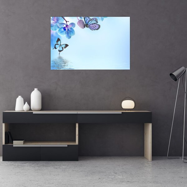 Tablou - Fluture pe flori de orhidee, albastru (90x60 cm)