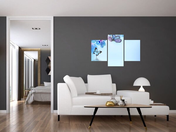 Tablou - Fluture pe flori de orhidee, albastru (90x60 cm)