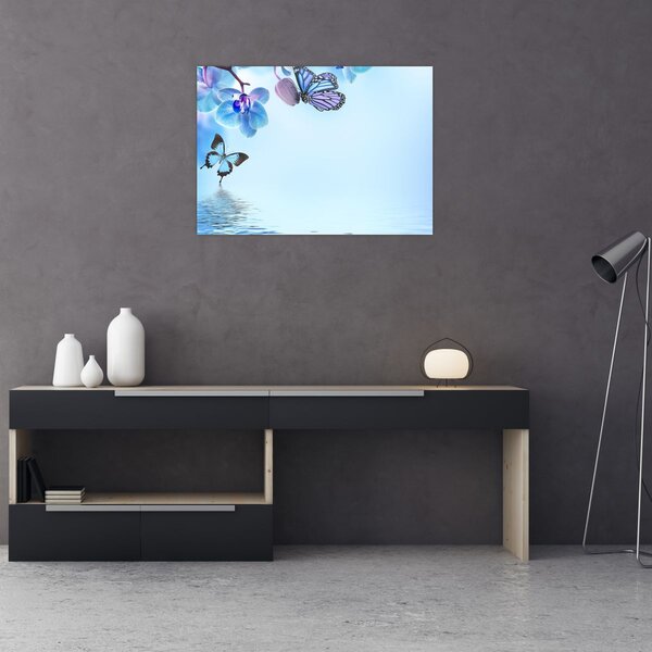 Tablou - Fluture pe flori de orhidee, albastru (70x50 cm)