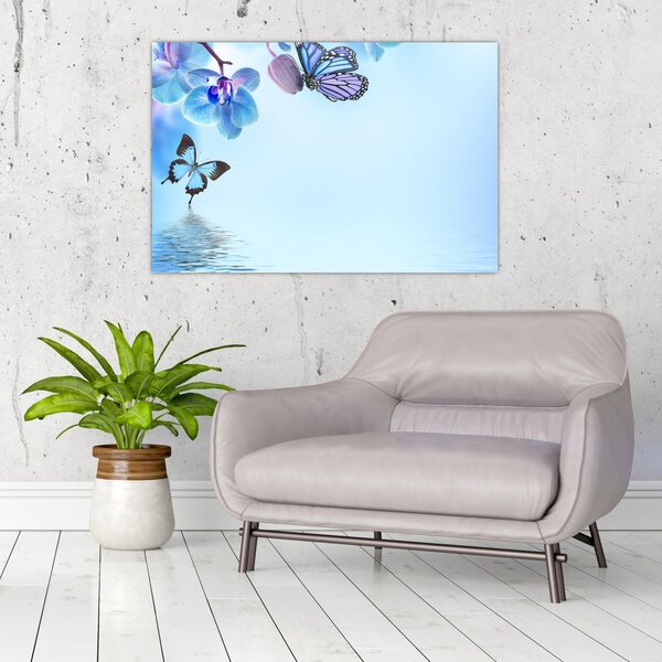 Tablou - Fluture pe flori de orhidee, albastru (90x60 cm)