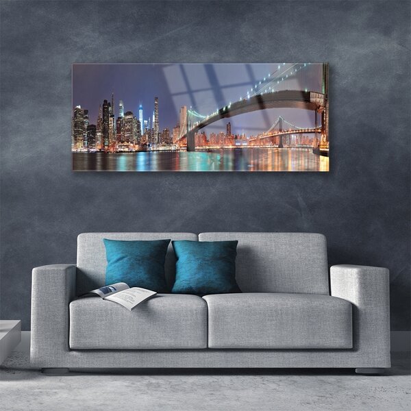 Tablou pe sticla Bridge City Arhitectura Albastru Maro Negru Gri