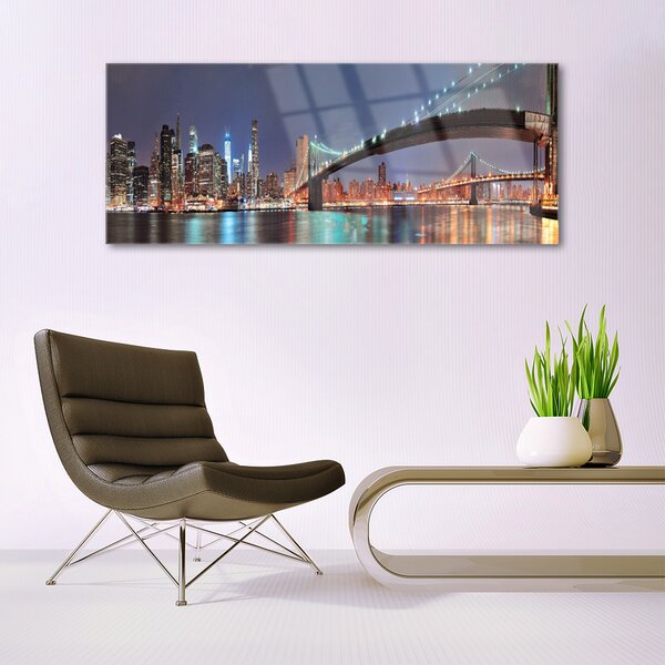 Tablou pe sticla Bridge City Arhitectura Albastru Maro Negru Gri