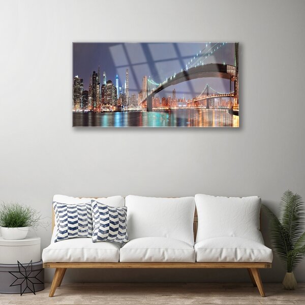 Tablou pe sticla Bridge City Arhitectura Albastru Maro Negru Gri