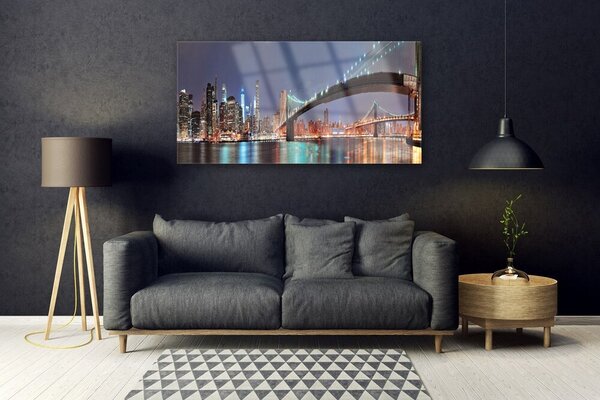 Tablou pe sticla Bridge City Arhitectura Albastru Maro Negru Gri