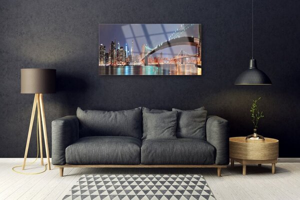 Tablou pe sticla Bridge City Arhitectura Albastru Maro Negru Gri