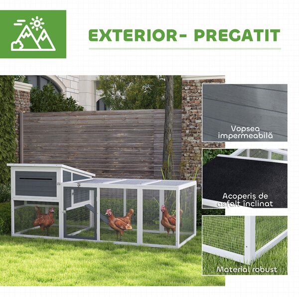 PawHut Coteț pentru 2-4 Găini, Cuib pentru Clocit cu Acoperiș Impermeabil, Tavă Detașabilă și Uși, 214x101x91,5 cm, Gri | Aosom Romania