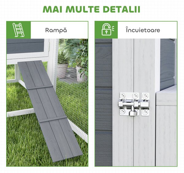 PawHut Coteț pentru 2-4 Găini, Cuib pentru Clocit cu Acoperiș Impermeabil, Tavă Detașabilă și Uși, 214x101x91,5 cm, Gri | Aosom Romania