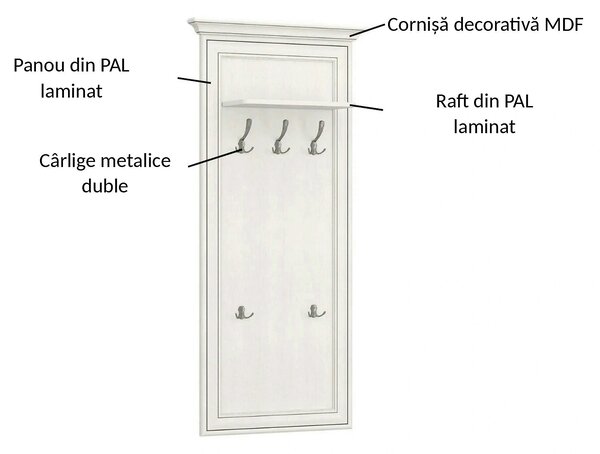 Cuier de perete TIFFANY II, grej, PAL laminat, 70x22x150 cm