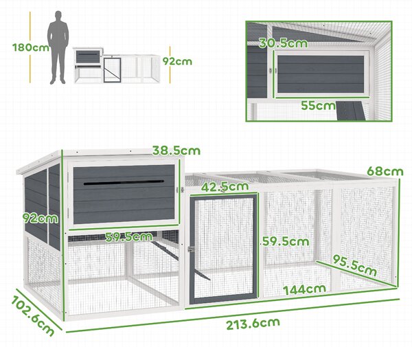 PawHut Coteț pentru 2-4 Găini, Cuib pentru Clocit cu Acoperiș Impermeabil, Tavă Detașabilă și Uși, 214x101x91,5 cm, Gri | Aosom Romania