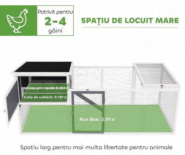 PawHut Coteț pentru 2-4 Găini, Cuib pentru Clocit cu Acoperiș Impermeabil, Tavă Detașabilă și Uși, 214x101x91,5 cm, Gri | Aosom Romania